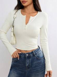 Flirla Áo thun bó sát cổ tròn tay dài vải Sherpa màu be - Màu be - Xem 5