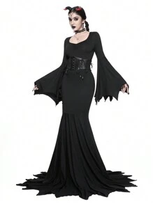 ROMWE Gothic Halloween Flare Sleeve Solid Black Mermaid Hem Dress With Sweetheart Neckline For Women - Black - View 3