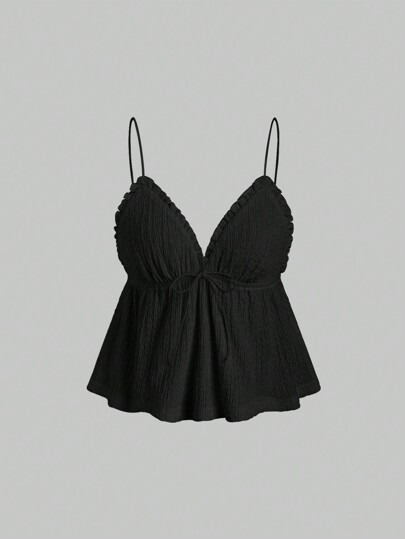 Sweetra Women's Summer Tie-Front Knit Texture Frill Trim Camisole Top