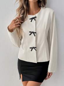 SHEIN Clasi Áo khoác dài tay trang trí nơ thời trang xuân thu cho nữ - Màu be - Xem 1