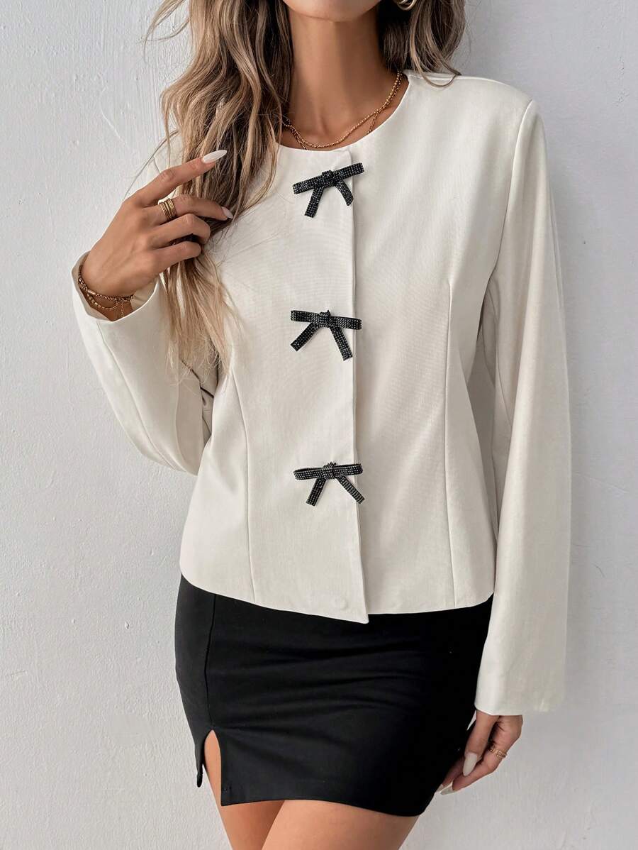 SHEIN Clasi Áo khoác dài tay trang trí nơ thời trang xuân thu cho nữ - Màu be - Xem 1