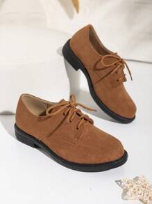 1pair Boys Simple Style Solid Faux Suede Lace-Up Casual Shoes, Wear-Resistant Anti-Slip, Autumn/Winter - Brown - View 2