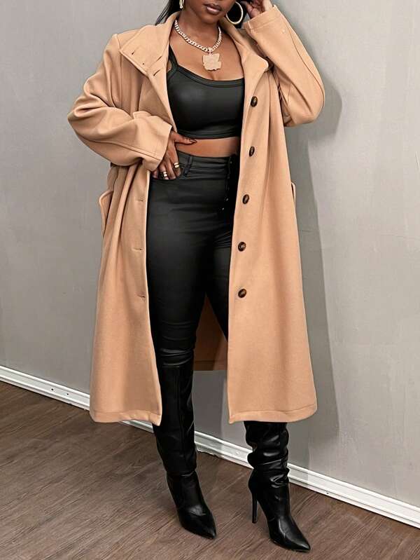 Slaydiva Abrigo cortavientos para mujer de talla grande en color caqui sólido con detalle de bolsillo, otoño/invierno