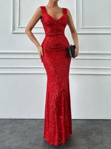 EURMUSE Vestido largo ajustado con lentejuelas brillantes para fiesta de graduación - Rojo - Ver 5