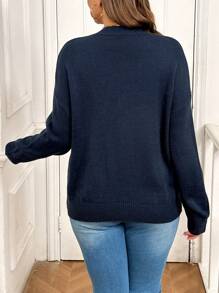 SHEIN LUNE Pulover cu mânecă lungă, cu decolteu în V, cu imprimeu floral, pentru femei de mărime mare, toamnă - Albastru marin - Vizualizare 3