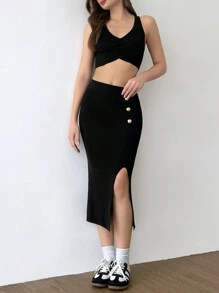 SHEIN Unity 2 peças de suéter simples sem mangas de cor sólida e saia de botão conjunto casual para mulheres - Preto - Ver 6