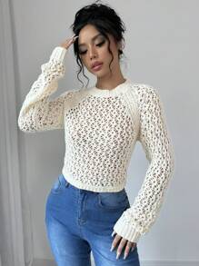 Chiquease Women's Plain Round Neck Raglan Sleeve Hollow Out Fashionable Sweater, For Spring & Autumn, Knit Pullover Fall Winter - Apricot - View 4