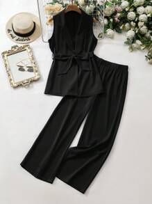 Seusyu Women's Solid Color Lapel Sleeveless Blazer And Pants Suit, Office/Casual 2 Pieces Set - Black - View 1