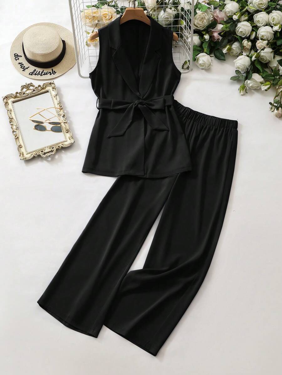Seusyu Women's Solid Color Lapel Sleeveless Blazer And Pants Suit, Office/Casual 2 Pieces Set - Black - View 1