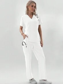 TaskEZ 1set Women Nurse Uniform Scrub Set With 1 Pocket V-Neck Top + 4 Pockets Drawstring Back Elastic Pants Set - White - View 8