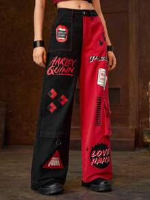Harley Quinn | ROMWE Women Contrast Color Black And Red Patchwork Cargo Boy Friend Jeans - Multicolor - View 6