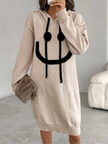 SHEIN LUNE 女士休闲笑脸图案抽绳连帽宽松针织毛衣连衣裙，秋冬 - 卡其色 - 查看 7