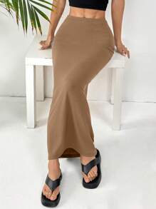 SHEIN EZwear 女款针织紧身及膝裙 - 駝色 - 查看 3