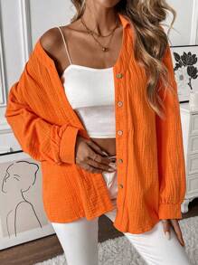 SHEIN LUNE Áo sơ mi dài tay cài nút phía trước đơn giản - trái cam - Xem 5