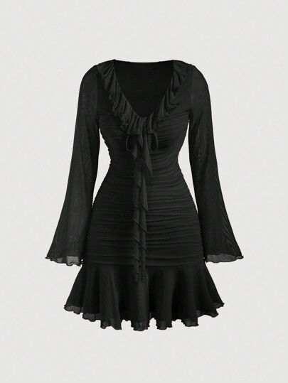 SHEIN MOD Women's Solid Color Ruffle Hem Flare Sleeve Pleated Elegant Midi Dress For Spring & Summer