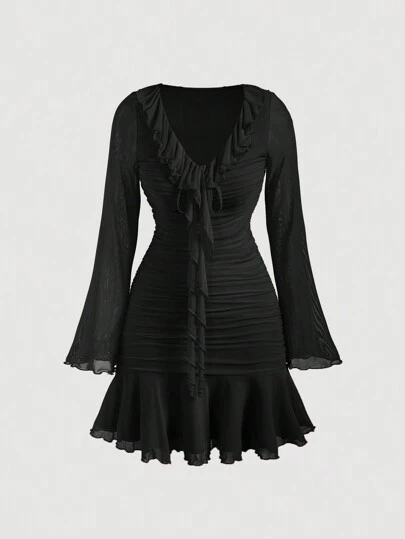 SHEIN MOD 女式纯色荷叶边下摆喇叭袖褶皱优雅中长连衣裙，适合春夏季