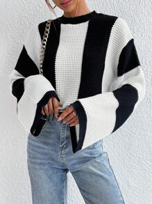 EMERY ROSE 女士秋冬拼色黑白条纹蝙蝠袖宽松休闲套头衫、长袖上衣