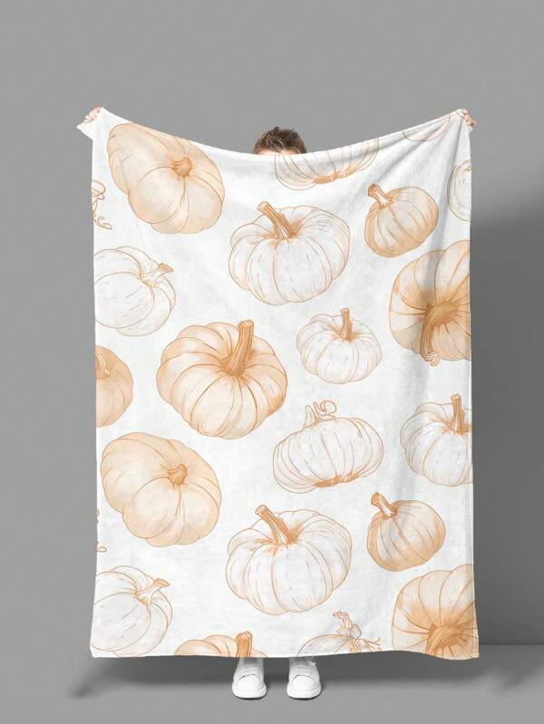 1pc 4-Season Flannel Blanket, Bedding, Pumpkin Pattern Thick Soft Cozy Throw Blanket For Sofa, Office Nap, Room Decor, Travel Camping, Suitable For Living Room, Bedroom, Back To School, Holiday Gift, Halloween Decor