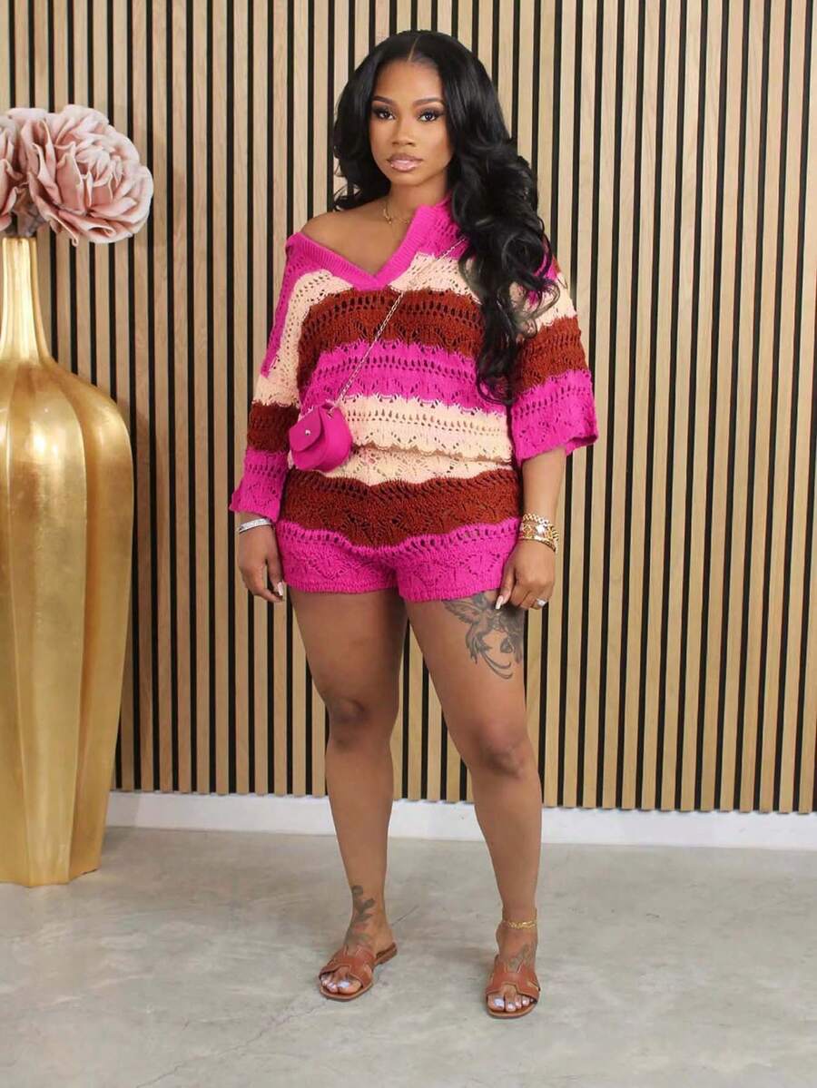 Sexy Loose Casual Deep V-Neck Color-Blocking Knit 2 Pieces Set, S391257 - Multicolor - View 1