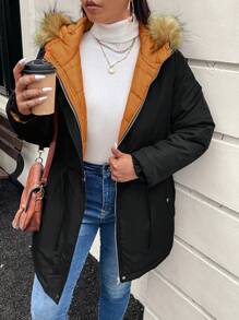 SHEIN LUNE Plus Size Women Drawstring Waist Hooded Loose Casual Parka Padded Coat, Winter - Black - View 6
