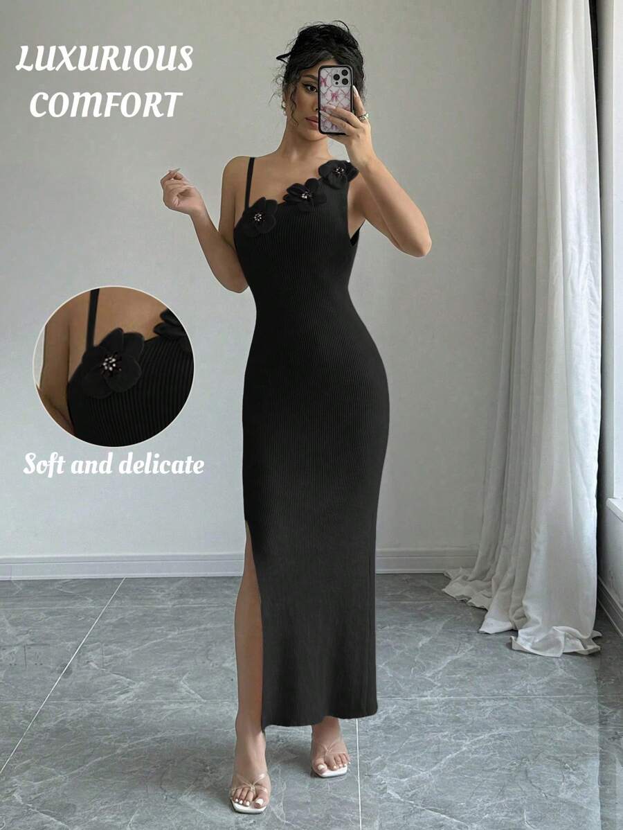 SHEIN Unity Women's 3D Floral Decor Asymmetric Collar Sleeveless Fitted Elegant Sweater Dress - Black - View 1