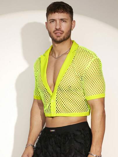 FeverCity 男士针织网眼深V领短款西装外套，适合秋冬