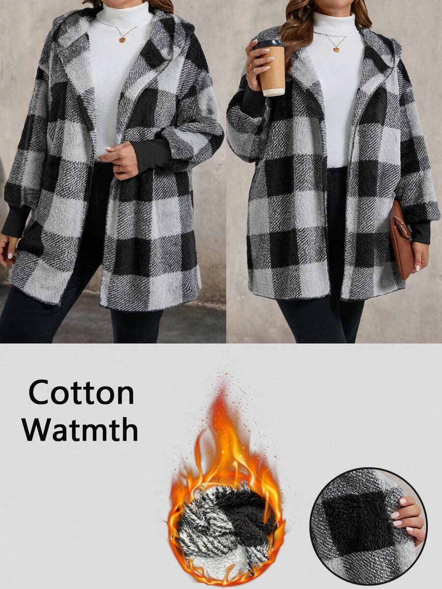 SHEIN LUNE Plus Size Women's Winter Drop Shoulder Long Sleeve Reversible Fleece Plaid Hooded Jacket - Black and White - View 1