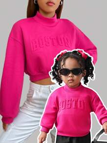 SHEIN NovaGlow Baby Girl Mommy And Me Matching Outfits: 1pc Cute Letter Embossed Pattern Knitted Fuchsia Long Sleeve Sweatshirt For Baby Girl, Casual And For Outdoor Wear (2 Pieces Sold Separately),In Fall/Winter - Hot Pink - View 1