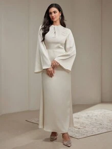 Veilorie Women's Solid Round Neck Long Sleeve Casual Simple Arabian Style Modest Dress - Apricot - View 4