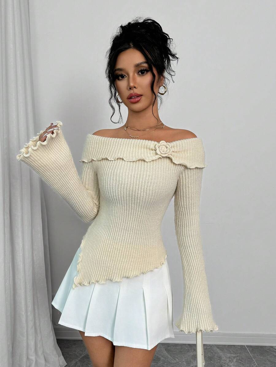 Selianne Women's Fashionable Off Shoulder Asymmetrical Floral 3D Knitted Sweater, Suitable For Holiday Party, Fall Winter - Apricot - View 1