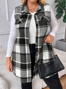 SHEIN CURVE+ Plus Size Plaid Print Flap Detail Sleeveless Buttoned Casual Coat