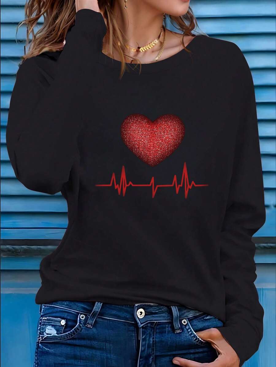 INAWLY Damen Lässig Langarm Rundhals T-Shirt mit Herzschlag-Elektrokardiogramm-Muster, grafisches Oberteil für Frühlings-Outfit
