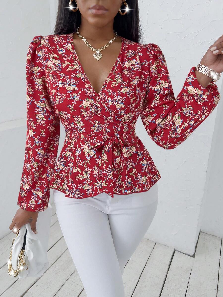 SOLERSUN 花卉印花前系带长袖休闲衬衫 (印花图案随机) - 紅色 - 查看 1