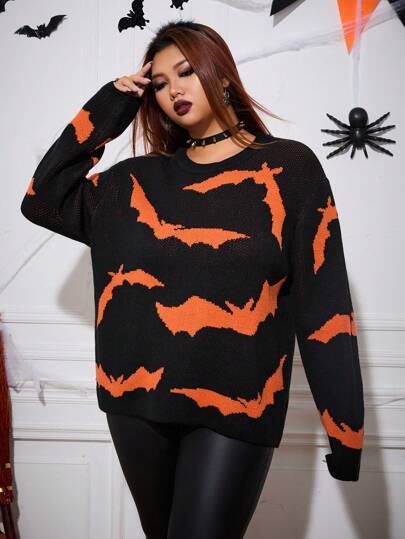 SHEIN EZwear Plus Size Women's Casual Bat Orange Pattern Crew Neck Pullover Sweater,Halloween Clothes,Halloween Curve In Fall/Winter