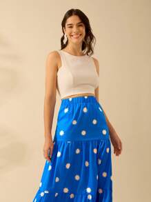 CAJUNI Women's Sun Print, Blue Patchwork Skirt, Summer Skirt For Leisure Beach