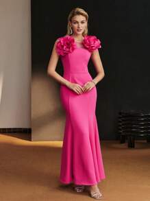 MOTF Soiréza BIG STEREO FLOWER DETAIL CONTRAST MESH YOKE MERMAID HEM FORMAL DRESS