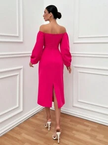 RueChic 时尚露肩袖长裙纯色 - 粉色 - 查看 6