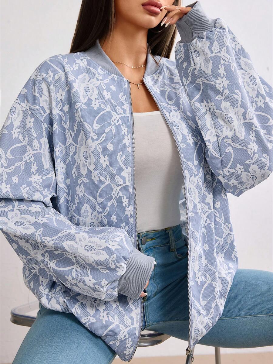 Seusyu Women's Lace Pattern Zipper Front Long Sleeve Jacket,Fall - Blue - View 1