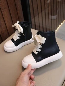 经典、时尚、可爱的中性儿童乐福鞋，轻便、缓冲、防滑、韩式防水 PU 皮革中筒靴，时尚休闲运动鞋 - 黑色 - 查看 1