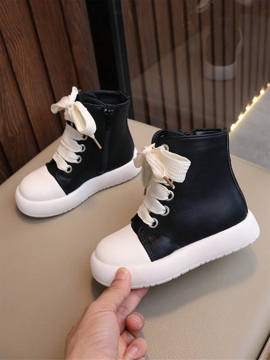 经典、时尚、可爱的中性儿童乐福鞋,轻便、缓冲、防滑、韩式防水 PU 皮革中筒靴,时尚休闲运动鞋 - 黑色 - 查看 1