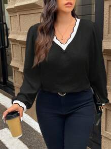 SHEIN Frenchy Plus Size Contrast Trim Long Sleeve Shirt, Autumn - Black - View 6