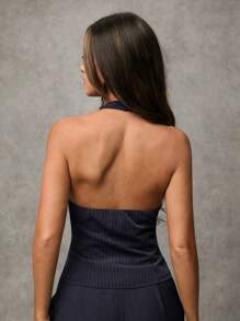 SHEIN BAE Áo blazer nữ cổ chữ V buộc dây màu trơn, kiểu dáng thường ngày, gợi cảm, phong cách công sở cổ điển, trang phục giáo viên mùa thu, trang phục công sở mùa thu. - Màu xanh hải quân - Xem 4