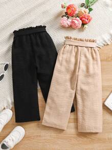 SHEIN Vintaside Kids 年轻女孩休闲纯色纸袋腰长裤 - 彩色 - 查看 2