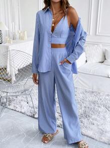 Calvaya Ladies' Striped Simple Daily Long Sleeve Top And Pants Set Fall Cloth For Women - Blue and White - View 5
