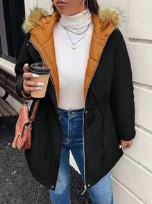 SHEIN LUNE Plus Size Women Drawstring Waist Hooded Loose Casual Parka Padded Coat, Winter - Black - View 5