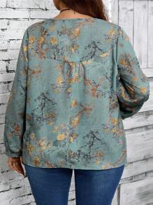 EMERY ROSE Plus Size Women's Round Neck Long Sleeve Allover Print Casual Blouse