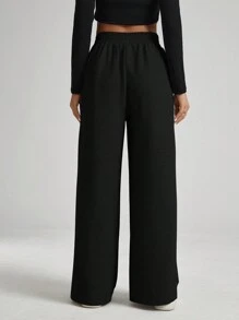 Auralis 大码女装秋季商务休闲女装新款时尚休闲通勤纹理面料纯黑色阔腿裤、长裤、口袋正装裤。休闲裤、宽松女裤、女式正装裤、秋季裤