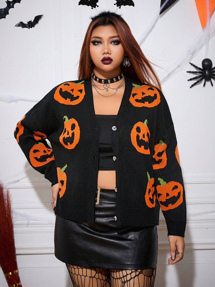 SHEIN EZwear Plus Size Women's Front Button Long Sleeve Pumpkin Orange Pattern Cardigan, Casual Daily Wear,Halloween Clothes,Halloween Curve
