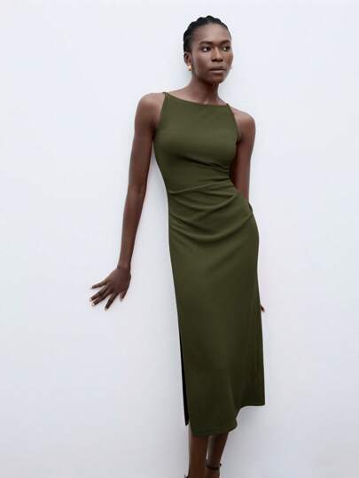 Maija Women's Solid Side Slit Hem Sleeveless Bodycon Work Dress,Olive Green Autumn Effortless Chic Brunch Party Beach Graduation Vacation Casual Dresses