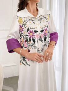 Al Najma 优雅花卉印花朴素连衣裙，春夏 - 紫色 - 查看 1